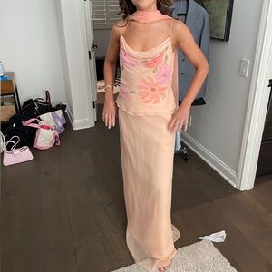 Vintage Silk Pink Peach Maxi Two Piece Dress for Cocktail